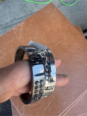 Guess Silver and Black Multi-Bangle Bracelet Set